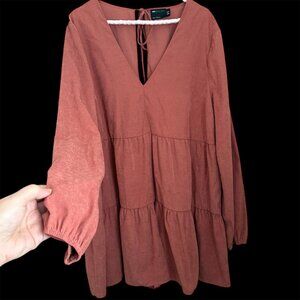 ASOS Tiered Mini Smock Dress 14 Rust Long Slv V-Neck Boho Cottagecore Festival